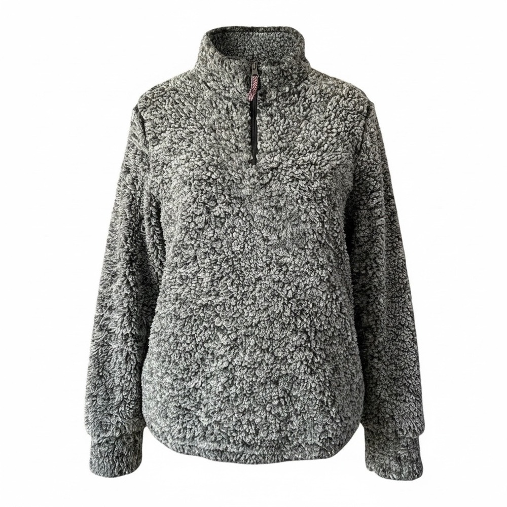 Weatherproof Vintage Mens Large Grey Marled High Pile Fleece Quarter Zip Sweater